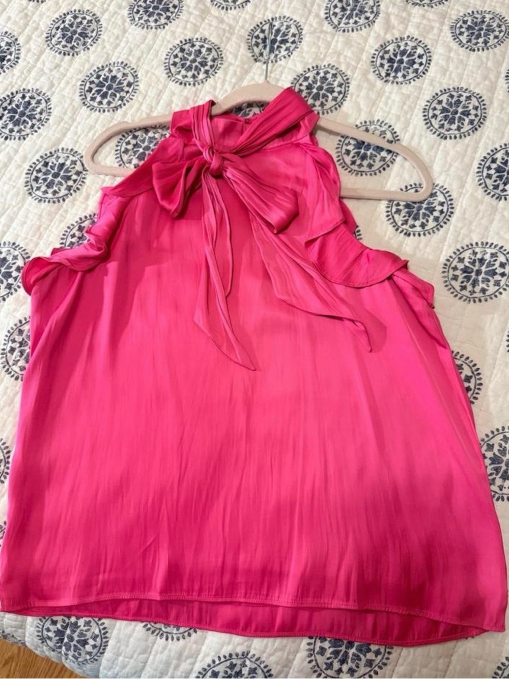Ann Taylor Pink Bow Tie-Neck Ruffle Sleeveless Blouse MP